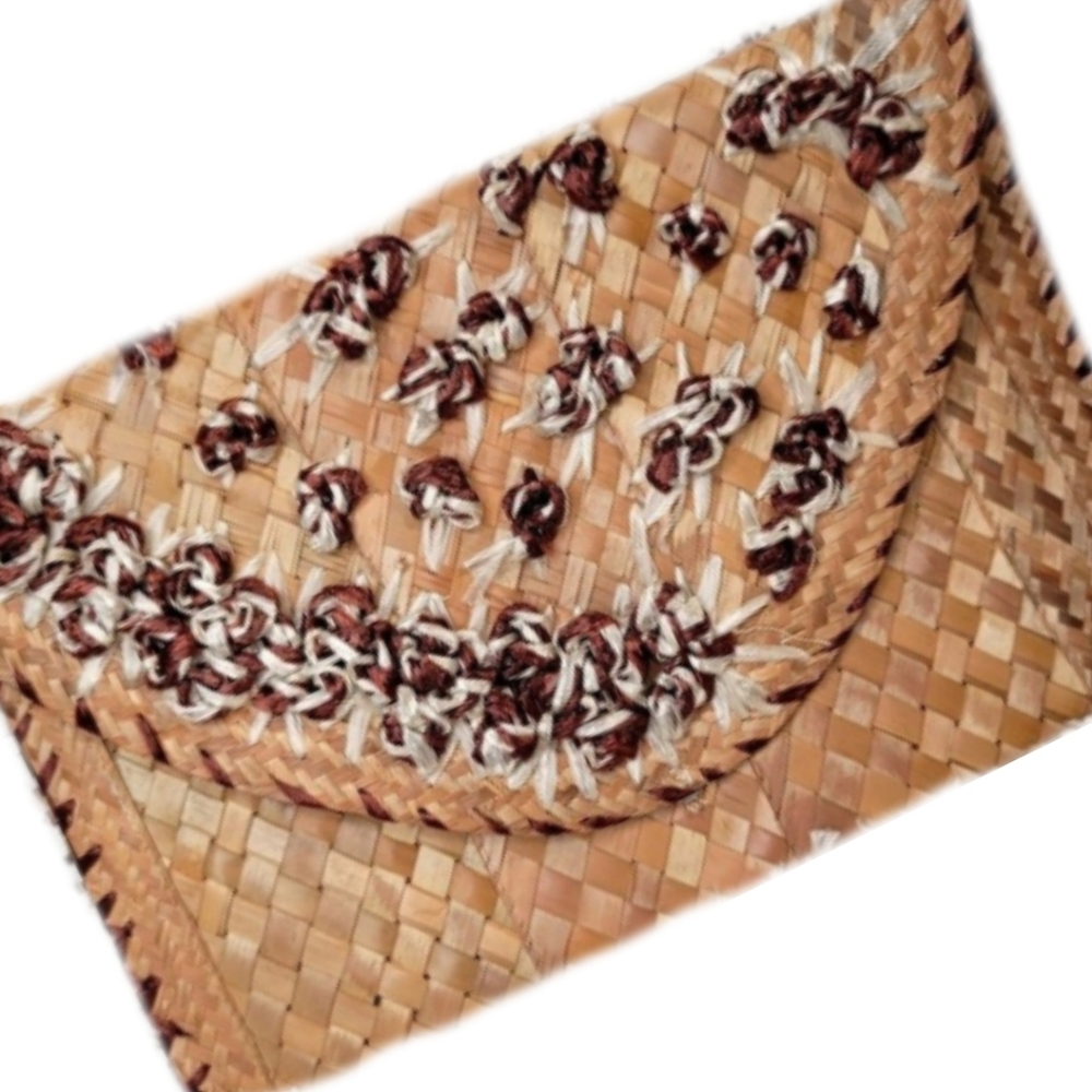 VINTAGE Woven Straw Floral Boho Basket Envelope Clutch Handbag
